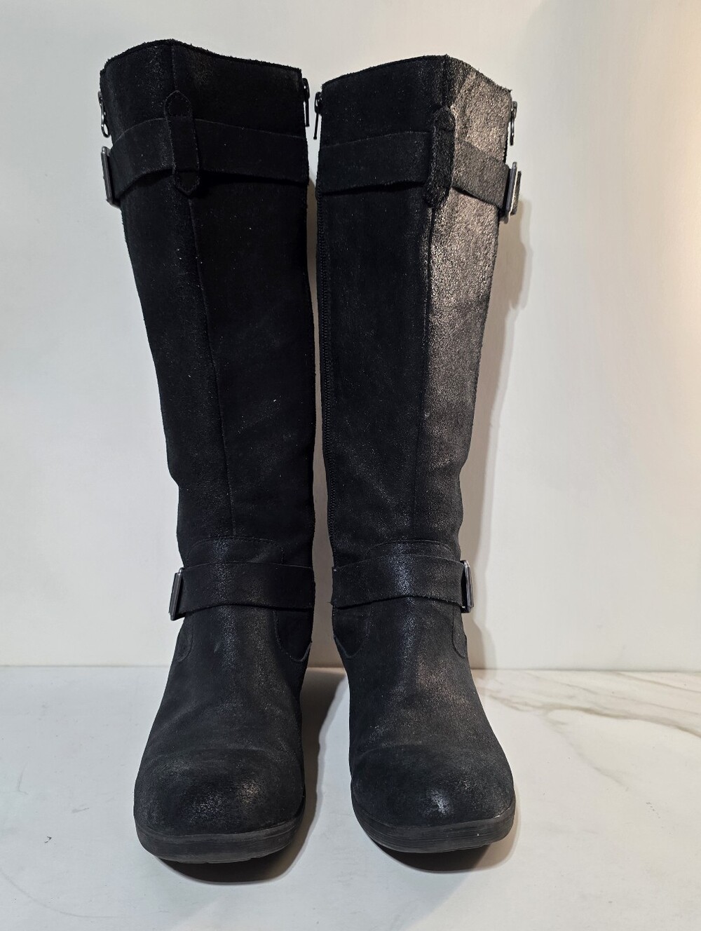 KORK-EASE BLACK SUEDE TALL MOTO RIDING BOOTS BUCKLE ZIP WOMEN’S SZ 9.5